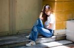 Portrait Of Thai Chinese Adult Glasses Beautiful Girl Denim Blue Bag Relax And Smile Stock Photo