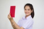 Asia Thai High School Student Uniform Beautiful Girl Read A Book Stock Photo