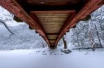 Snow Falling In Park And A Walking Bridge In Winter, Winter Landscape Stock Photo