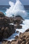 Waves Pounding The Coastline At Capo Testa Sardinia Stock Photo