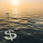 Dollars Floating On Sea At Sunset  Stock Photo