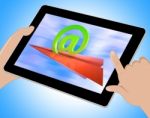 At Sign Aeroplane Shows E-mail Sending Post Tablet Stock Photo