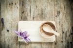 Top View Of Wooden Bowl On Old Wooden Background Stock Photo