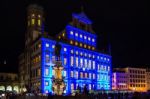 Illuminated Town Hall Of Augsburg, Germany Stock Photo