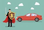 Businessman Protecting Car With Shield And Sword Stock Photo