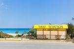 Taxi Station Near Beach And Sea In Greece Stock Photo