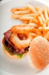 Classic Hamburger Sandwich And Fries Stock Photo