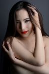 Studio Shot Of Portrait Beautiful Asian Woman With Strapless Dre Stock Photo