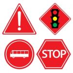 Road Sign Of Bus Stop, Hazard Warning, Red Traffic Sign On White Background Stock Photo