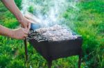 Shish Kebab Is Fried On Coals Stock Photo