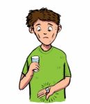 Cartoon Of Man Scared Of A Pill And Capsule.  Clipart Illu Stock Photo