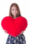 Asian Woman Holding A Red Heart Stock Photo