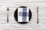 Empty Plate Napkin Fork Knife Silverware White Wooden Table Back Stock Photo