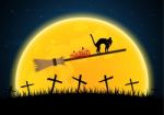 Halloween Witch Broomstick Graveyard Pumpkin Cat Cross Backgroun Stock Photo