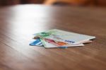 Chiang Rai, Thailand - March 3, 2016: Visa Cards On Wooden Table Stock Photo