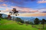 Sunset At Hight Mountains Stock Photo