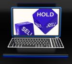 Sell And Hold Dices On Laptop Showing Strategies Stock Photo