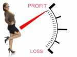 Lady Posing Near Profit Loss Meter Stock Photo