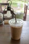 Iced Coffee Take Away Glass On Wooden Table Stock Photo