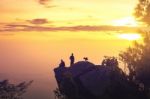 Young Man  Asia Tourist  At Mountain Is Watching Over The Misty Stock Photo