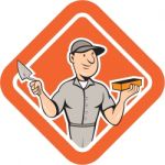 Bricklayer Mason Plasterer Standing Shield Cartoon Stock Photo