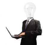 Lamp Head Businessman Holding Computer Laptop Pc Stock Photo