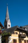 View Of The Evangelical Parish Church In Hallstatt Stock Photo