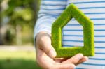 Hand Holding Green House Icon In Nature Stock Photo