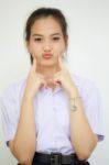 Portrait Of Thai High School Student Uniform Teen Beautiful Girl Happy And Relax, Stock Photo