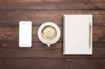 Hone Coffee And Book Blank On Wood Table Top View Stock Photo