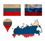 Russia Flag, Map And Map Pointers Stock Photo