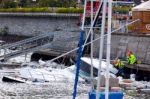 Destroyed  By Thunderstorm Piers With Boats In Verbania, Italy Stock Photo