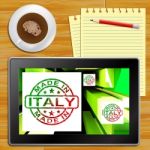 Made In Italy On Cubes Shows Italian Manufacture Tablet Stock Photo