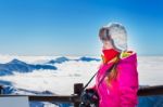 Beautiful Girl With Camera In Winter Stock Photo