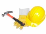 Hard Hat Hammer And Leather Gloves Stock Photo