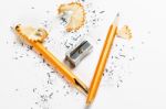 Broken Pencil With Metal Sharpener And Shavings Stock Photo