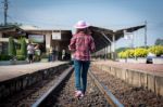 Tourists Woman Are Enjoying The Train Station Stock Photo