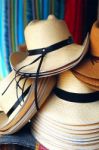 Handmade Traditional Panama Hats Are Stacked For Sale At The Out Stock Photo