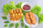 Fried Quail Egg Wrapped In Wanton Sheet And Fried Chicken Stock Photo