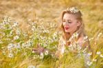 Blond Girl On The Camomile Field Stock Photo