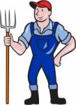 Farmer Holding Pitchfork Standing Cartoon Stock Photo