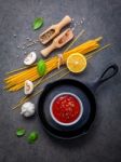 Italian Food And Menu Concept. Spaghetti With Ingredients Sweet Stock Photo