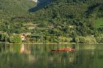 People Kayakings At Lake Endine Near Bergamo Stock Photo