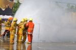 Fireman. Firefighters Fighting Fire During Training Stock Photo