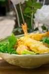 Fresh Japanese Tempura Shrimps With Salad Stock Photo