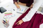 Two Young Women Working As Fashion Designers And Drawing Sketche Stock Photo