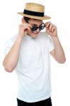 Man Wearing Sunglasses And Hat Stock Photo