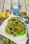 Homemade Spinach Pasta With Pesto Stock Photo