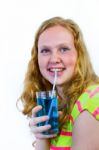 Dutch Teenage Girl Drinks Blue Soft Drink Stock Photo