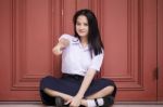 Portrait Of Thai High School Student Uniform Teen Beautiful Girl Happy And Relax, Stock Photo